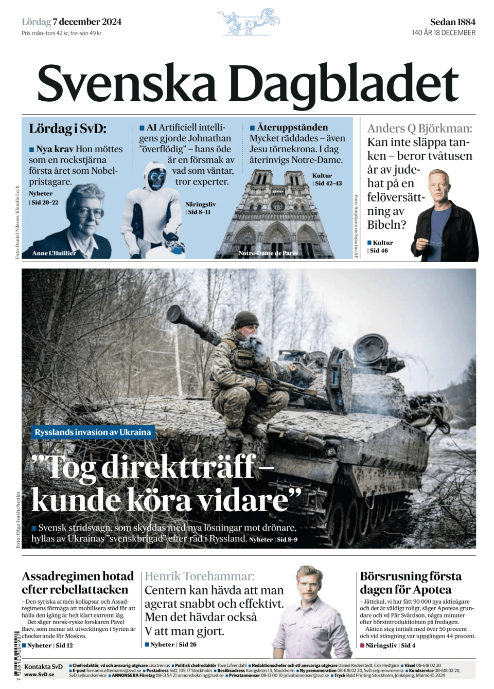 Prima-pagina-Svenska Dagbladet-edizione-di-oggi-20241207